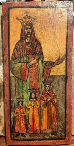 Icono del siglo XIX. Un santo coronado con tres pequeños santos coronados